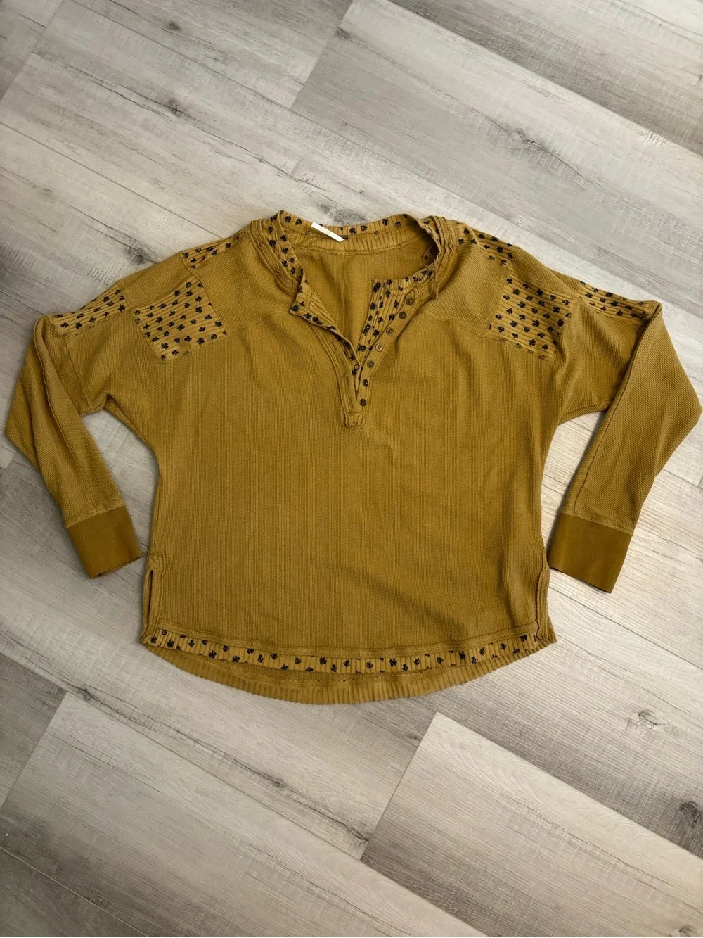 Free People Mustard Thermal Henley Top Floral Trim Oversized XL